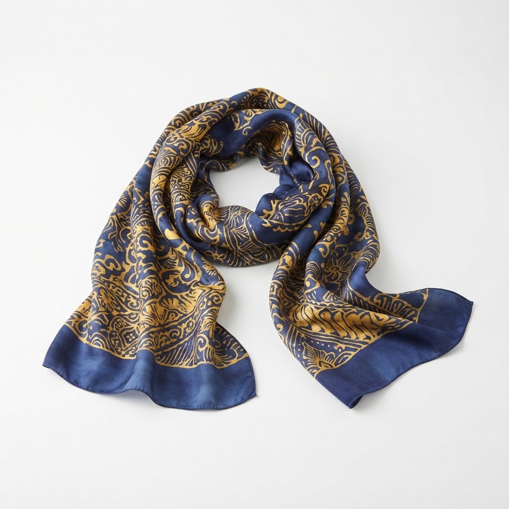 A silk selendang scarf in indigo and gold.