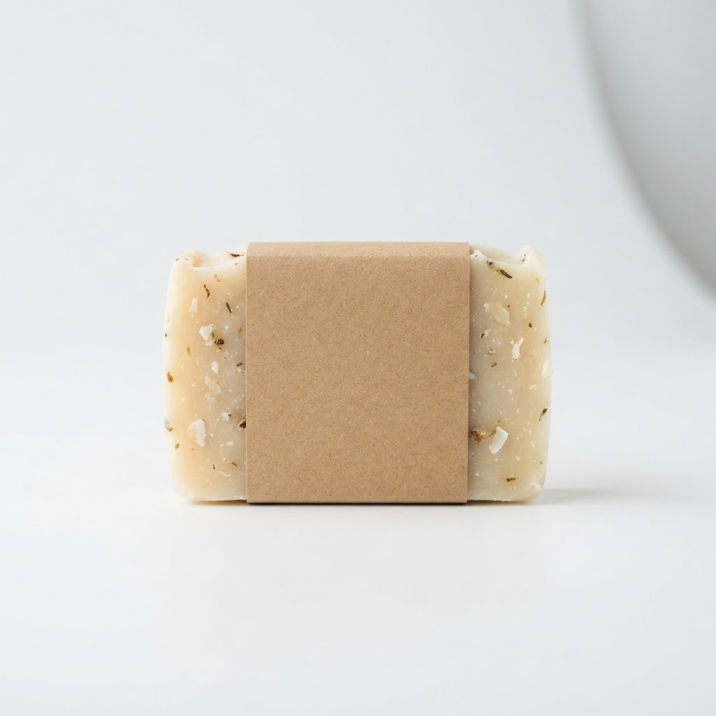 A paper-wrapped bar of lemongrass and coconut soap.