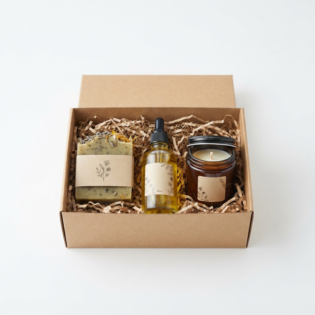 A botanical gift box holding oil, balm and a candle.