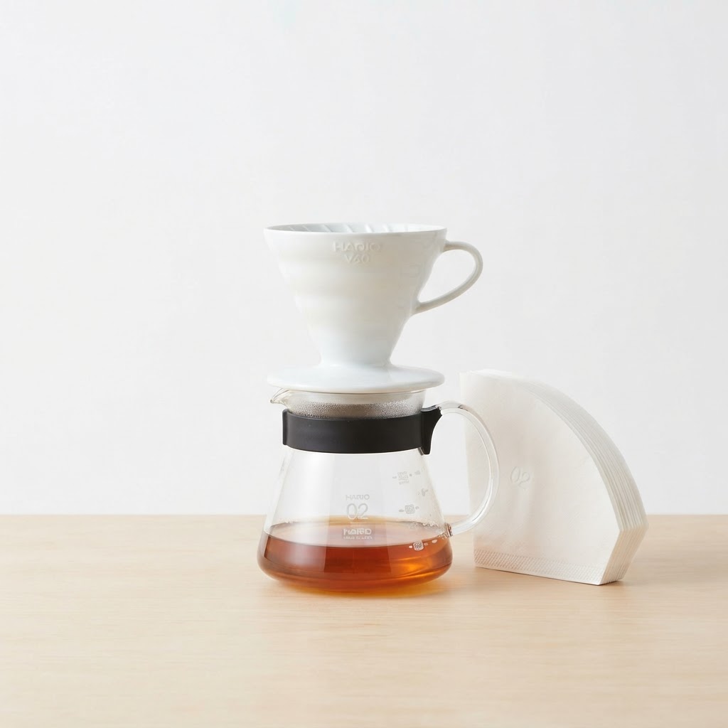 A V60 starter kit with carafe, cone and filters.