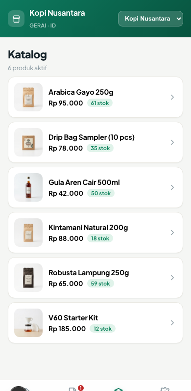 Catalogue screen listing six active products with prices and stock levels.