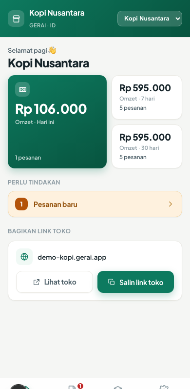 Merchant dashboard: today's takings, seven- and thirty-day revenue, one new order needing action, and a copy-store-link button.