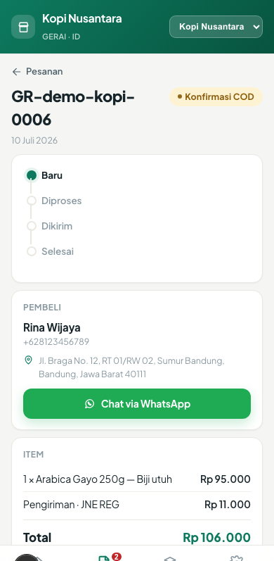 Order detail with a status timeline, buyer address, a Chat via WhatsApp button and an itemised total.