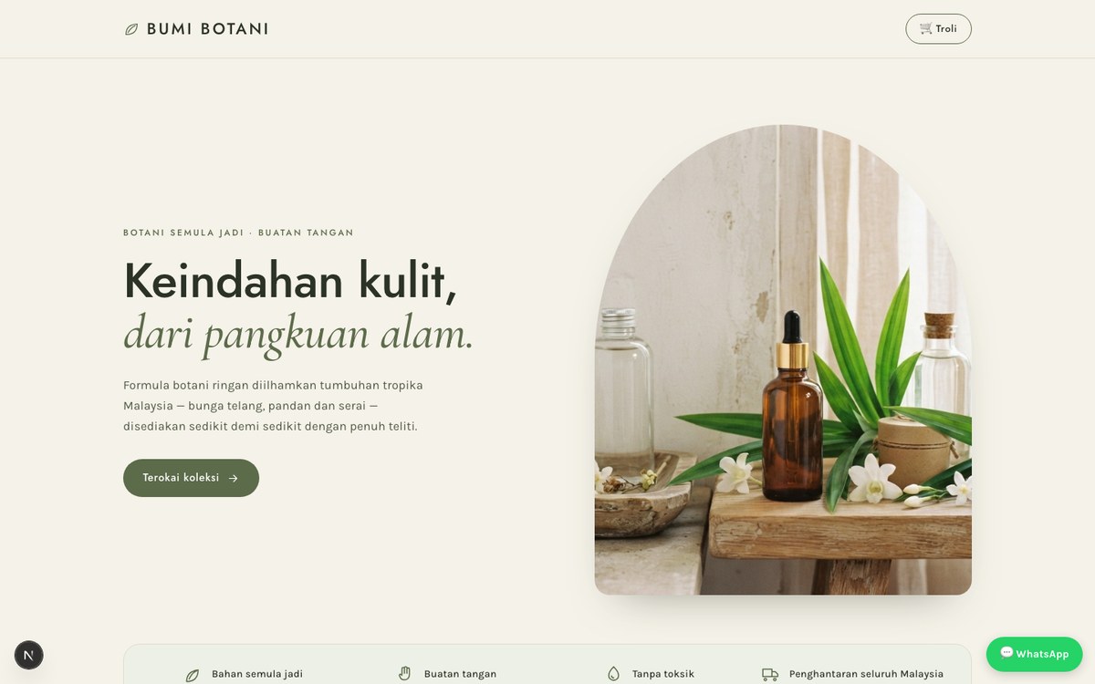 Bumi Botani: an airy sage storefront with an arch-masked product photograph.