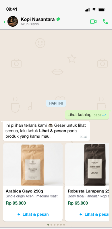 A WhatsApp product carousel showing two coffee bags with prices and add-to-order buttons.