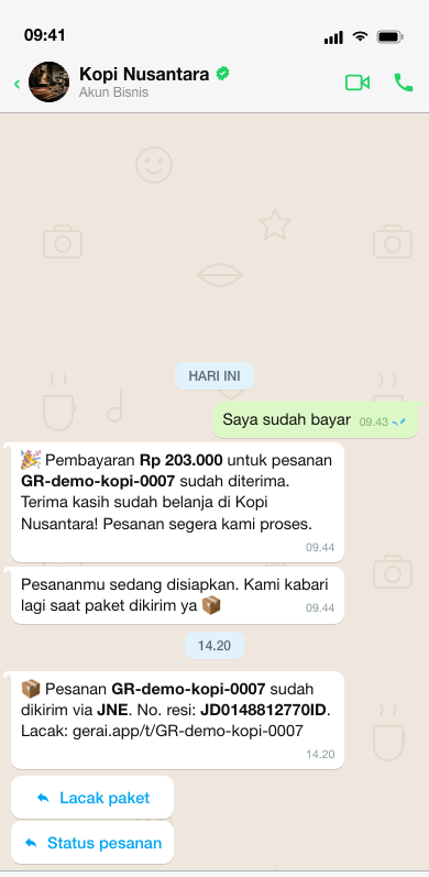 A WhatsApp message confirming payment was received, with order details and a tracking number.